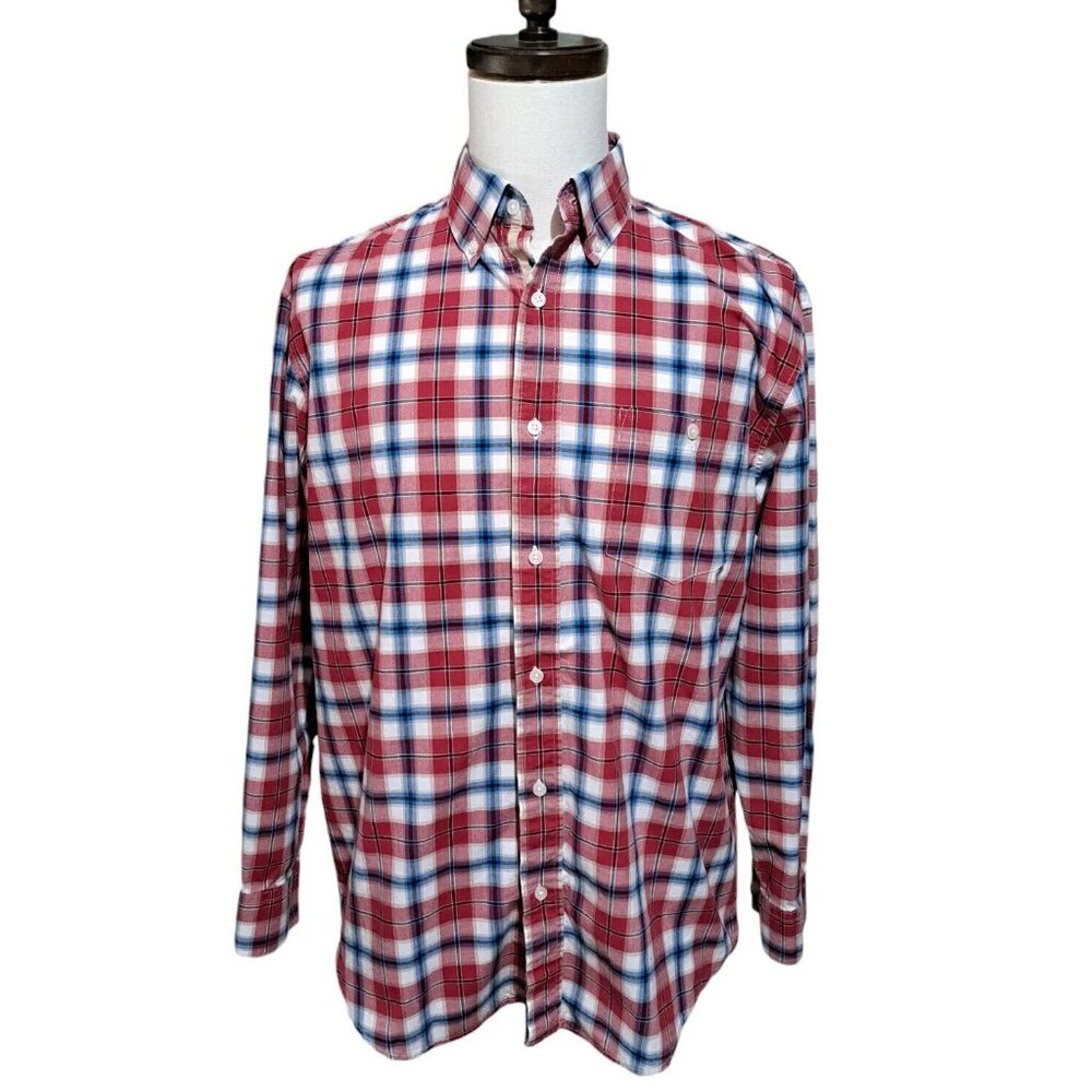 Wrangler Advance Comfort Red Blue White Plaid Long Sleeve Button Up Shirt Large